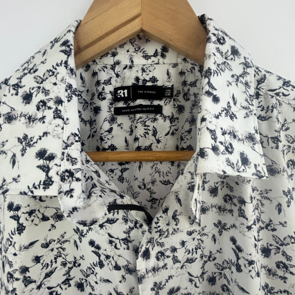 NWOT Le 31 Simons Men’s Slim Fit Floral print Shirt Black White Cotton large 17R